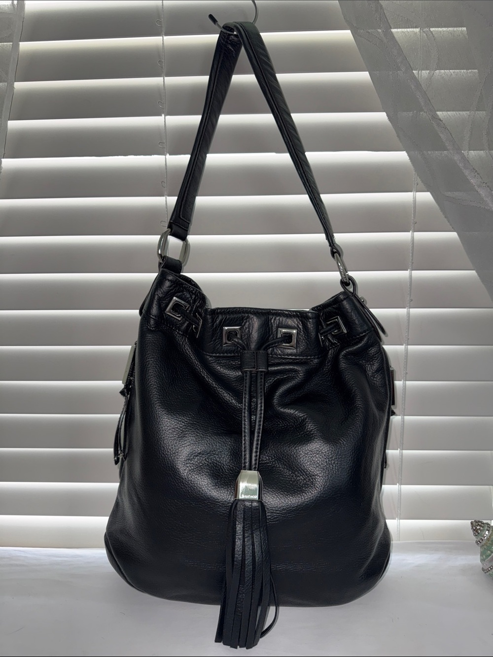 B. MAKOWSKY Black Pebbled Leather Shoulder Bucket Bag with Tassel